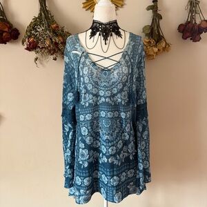Bohemian Blue Floral & Geometric Print Long Sleeve Tunic Top